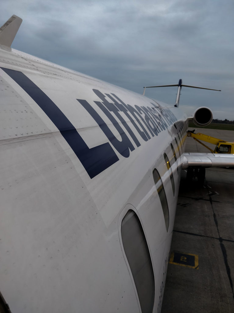 A close shot from an airplane form the entrance of the plane to the back.