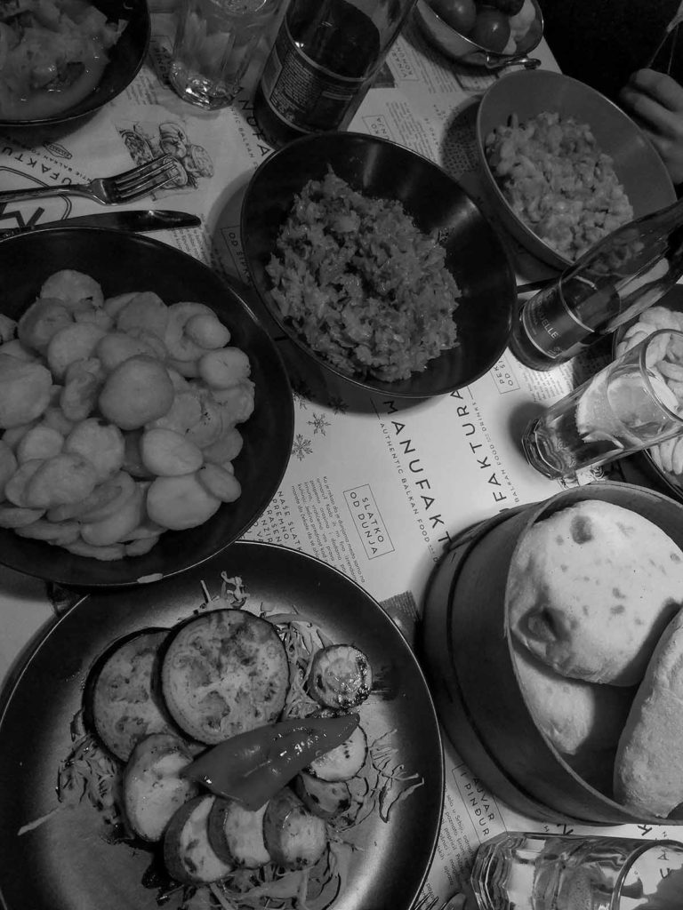 Black and white picture of typical Serbian food. 