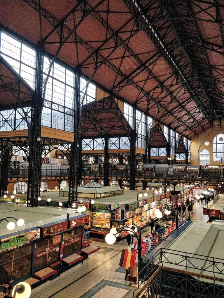 Central Market Hall in Budapest, Hungary. The picture is taken from the first floor and shows the stalls on the lower floor.