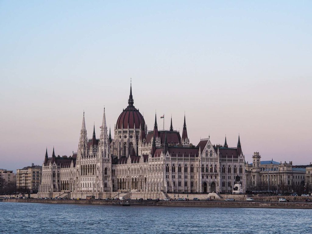 The Hungarian parliament building at sunset.