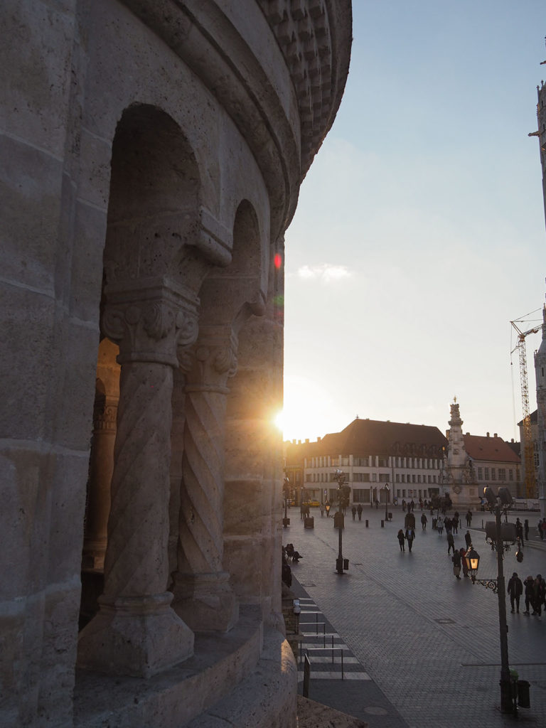 Fisherman's Bastion in Budapest with the sun setting in the background making a beautiful light.. 